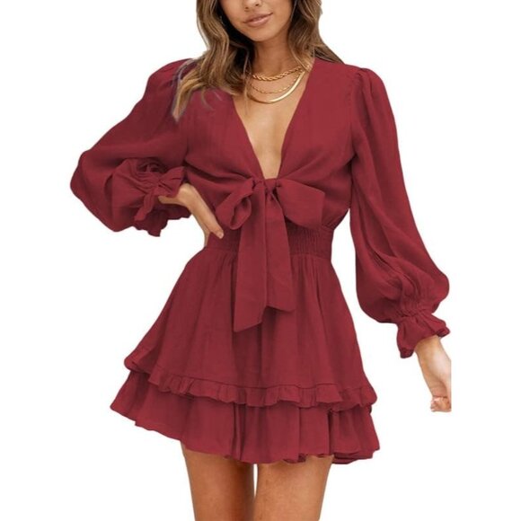 Womens Red Summer Deep V Neck Knotted Tiered Chiffon Elegant Mini Dress
